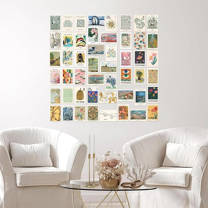 KBKBART Eclectic Wall Decor, 50Pcs Eclectic Wall Art Prints, Colorful Maximalist Decor Boho Gallery Wall Collage Kit, Vintage Famous Artists Painting Pictures Aesthetic Poster for Funky Room Decor, Home Decor for Bedroom Dorm