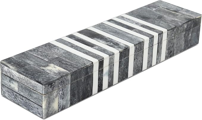 Handicrafts Home Decorative Storage Box with Lid, Patisserie Cafe Stripe Pattern Remote Holder Box, Slim Coffee Table Storage Organizer, Wooden Kitchen Counter Desk Shelf Box, Grey & White, 10x2.5x1.5