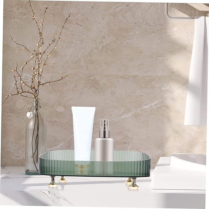 Happyyami Green High-Edge Lipstick and Perfume Organizer Tray Plastic Vanity Storage for Jewelry Makeup and Accessories Elegant Dresser Display Four Feet