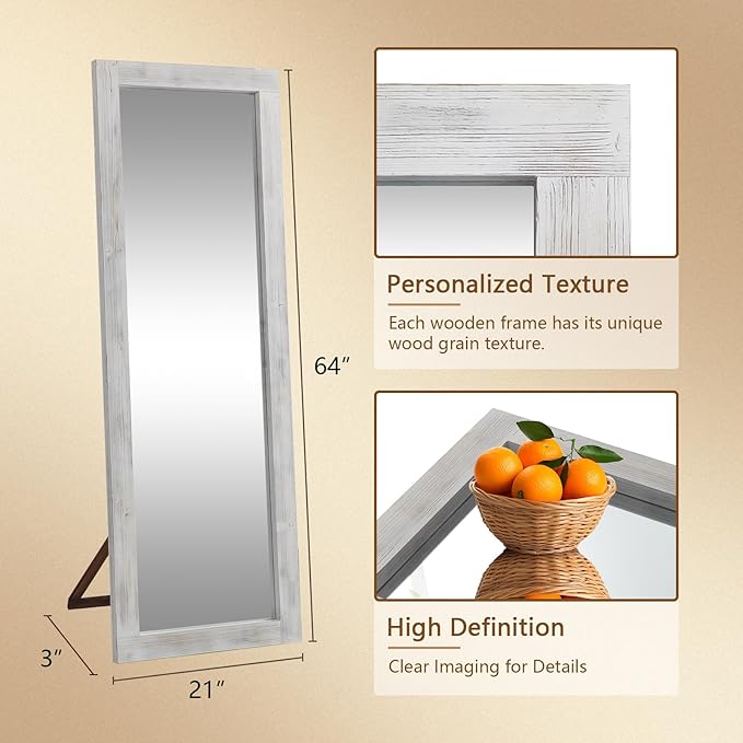 Rustic Farmhouse Full Length Mirror, 64"x21" Wood Frame Floor Mirror, Free Standing Mirror for Bedroom Living Room Cloakroom, Weathered White