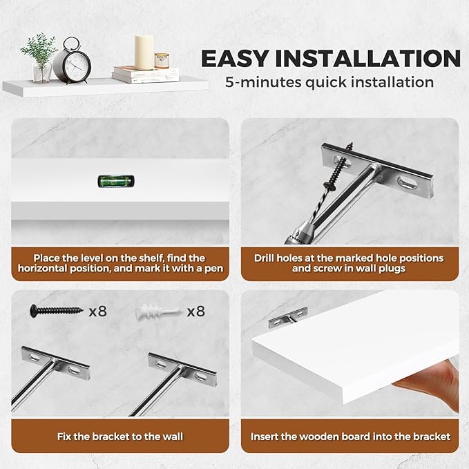 Floating Wall Shelves 2-Pack - Rustic White 16-inch Wooden Wall Shelves for Storage and Décor, Multi-Functional and Easy to Install for Living Room, Bedroom, and Kitchen