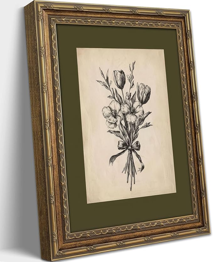 Gold Framed Wall Art Vintage Flower Sketch Wall Art Antique Sage Green Botanical Wall Decor Picture Dark Green Floral Drawing Poster Print for Bedroom Living Room 9x11in