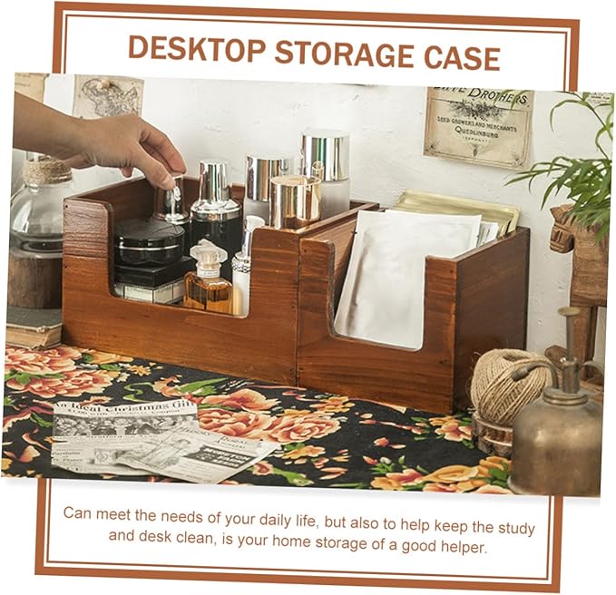 Wooden Makeup Organizer Box Retro Design for Skincare Lipstick and Sundries Desktop Storage Solution for Vanity and Bathroom Small Tabletop Container