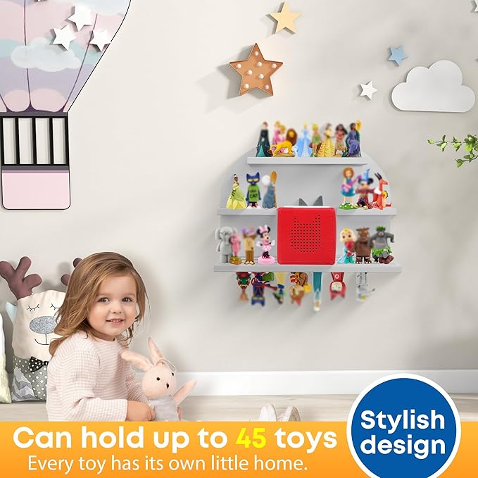 For Tonies Figures Shelf Magnetic,for Tonie box Wall Shelves,for Tonies Characters Organizer,Audio Toy Storage (Holds 45 Figurine),Compatible Charging Station for Kid's Room,Pine,Arch,Large,Gray White