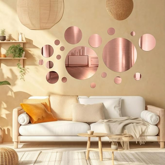 Shappy 32 Pcs Acrylic Mirror Wall Stickers Removable Round Wall Decal Circle Mirror Tiles for Home Bathroom Living Room Bedroom TV Background Decor (Pink,Medium Size)