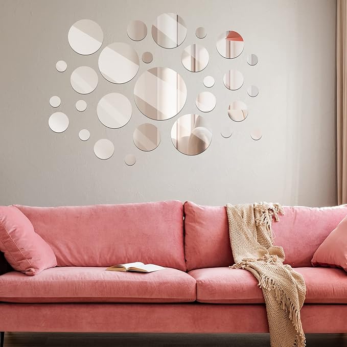 Jetec Real Glass Round Mirror Tiles Frameless Round Wall Mirrors Glass Mirror Tiles Wall-Mount Mirrors with Acrylic Double Sided Adhesive for Bedroom Bathroom Craft (28 Pcs, 1/2/3/4/5/6 Inch)