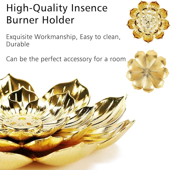 Accmor Zinc Alloy Incense Holder, Lotus Stick Incense Burner, Incense Holder for Stick/Coil/Cone Incense with Ash Catcher, Gold, 2 Pack