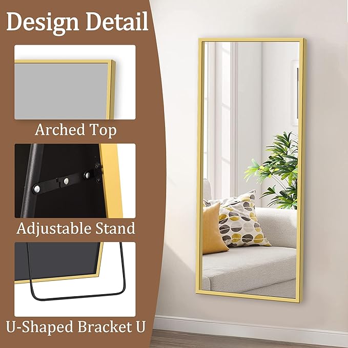 GlasFlength Full Length Mirror with Stand, 64"x21" Full Body Mirror with Aluminum Alloy Frame, Wall-Mounted/Leaning Against Wall/Standing Floor Mirror for Bedroom, Living Room, and Entryway