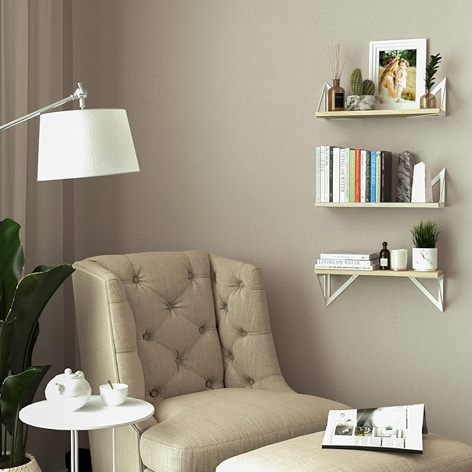 Wallniture Minori Floating Shelves for Wall Storage, Floating Bookshelf Set of 3, Bathroom and Kitchen Organizer Natural Wood Wall Shelves with White Brackets