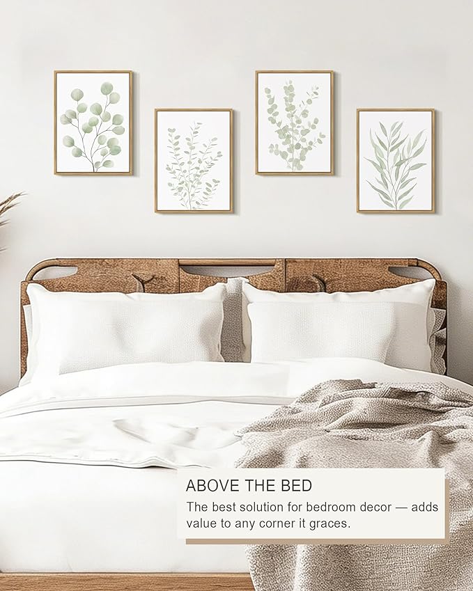 Drsoum Botanical Plant Framed Wall Art Boho Wall Decor for Bathroom Sage Green Eucalyptus Leaf Prints Minimalist Aesthetic Ready to Hang Set of 4, 11x14 in (Natural Framed)