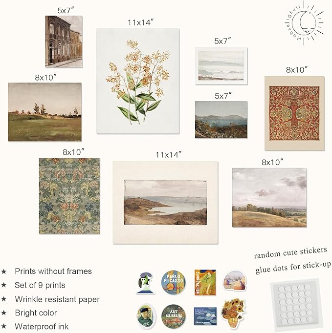 Habseligkeit Retro Prints for Wall Decor, Vintage Wall Art Prints, Country Wall Decor Aesthetic Landscape Home Decor Bedroom Living Room Unframed, Set of 9
