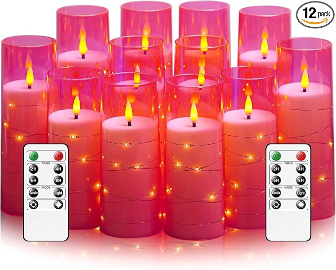 Sasigeiaa Flameless Candles with Embedded Star String - Battery Operated LED Candles, with Remote,12 Pink Flickering Candles for Christmas, Weddings, Home Decor & Party,(D 2.3"×H 5" 6" 7")