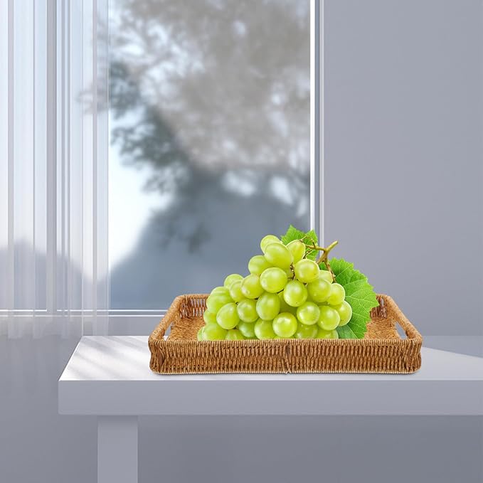 ULTECHNOVO Rectangular Decorative Serving Tray, Simulated Rattan Makeup Organizer Basket, Sturdy Iron Frame, Kitchen and Coffee Table Storage Tray for Home Décor and Desktop Organization