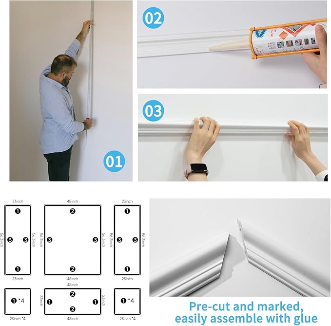 Art3d Pre-Cut Wall Molding Set of 6 pcs, Ready-to-Assemble Wainscoting Panels for Interior Wall Décor Living Room Bedroom Accent Wall - Installed with Glue, 3 Top 3 Bottom