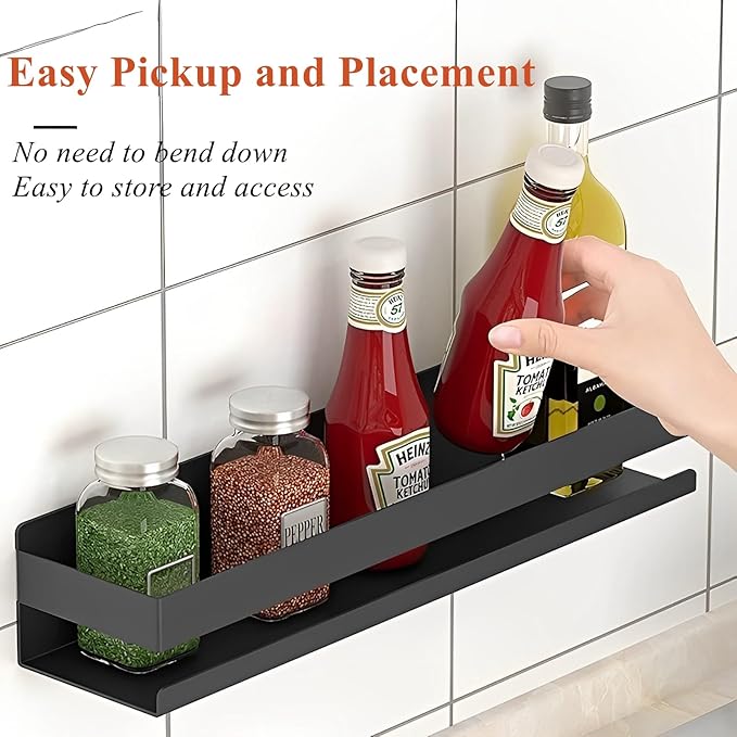 Floating Shelves Wall Mounted, Rustproof Stainless Steel Bathroom Shelf, Black Nail-Free Kitchen Spice Rack, Adhesive Storage Organizer for Shower & Home Decor