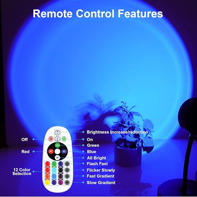 Sunset Projection Lamp - 180° Rotation | 16 Colors | LED | USB Powered | Decorative Atmospheric Lighting | Night Light | for Selfies, Bedroom, Living Room, Photography, Meditation, Multicolor
