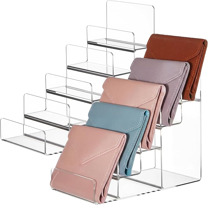 Kathfly 2 Pack Acrylic Display Stand for Purses & Wallets, Clear Riser Organizer Shelf for Perfume, Sunglasses, Cosmetics, Tiered Countertop Vendor Display for Fairs, Retail (5-tier)