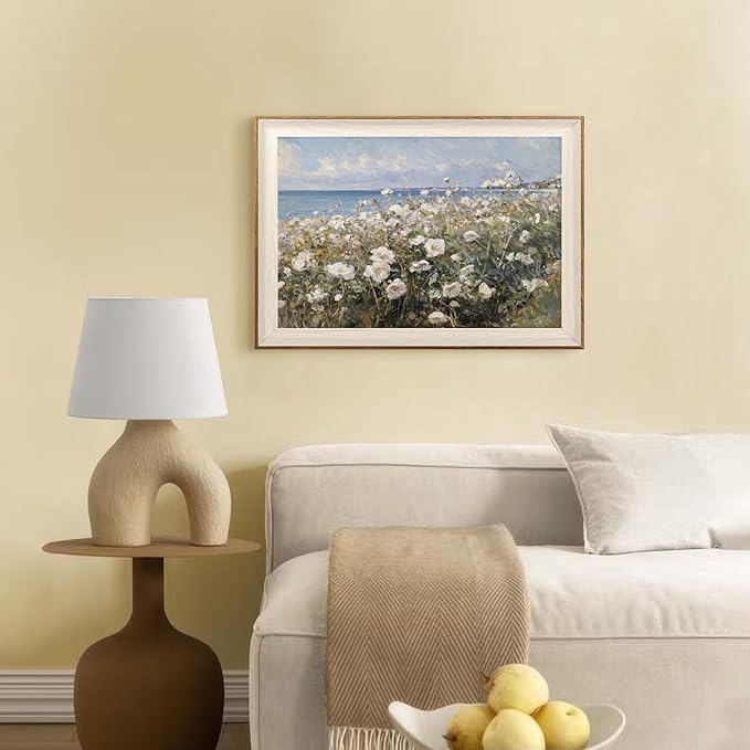 ASTRDECOR Framed Canvas Wall Art Room Decor, Vintage Landscape Wall Art for Home Decor Aesthetic Artwork, Coastal Scenery Nature White Wildflowers Oil Painting Pictures Bathroom Wall Decor 16''x24''