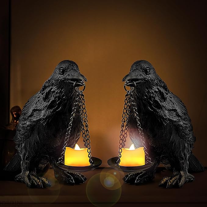 Gothic Crow Lamp with Tealight Candle Holder Resin Raven Decor Statue Gothic Home Decor for Bedroom Unique Goth Gifts Black 2PCS