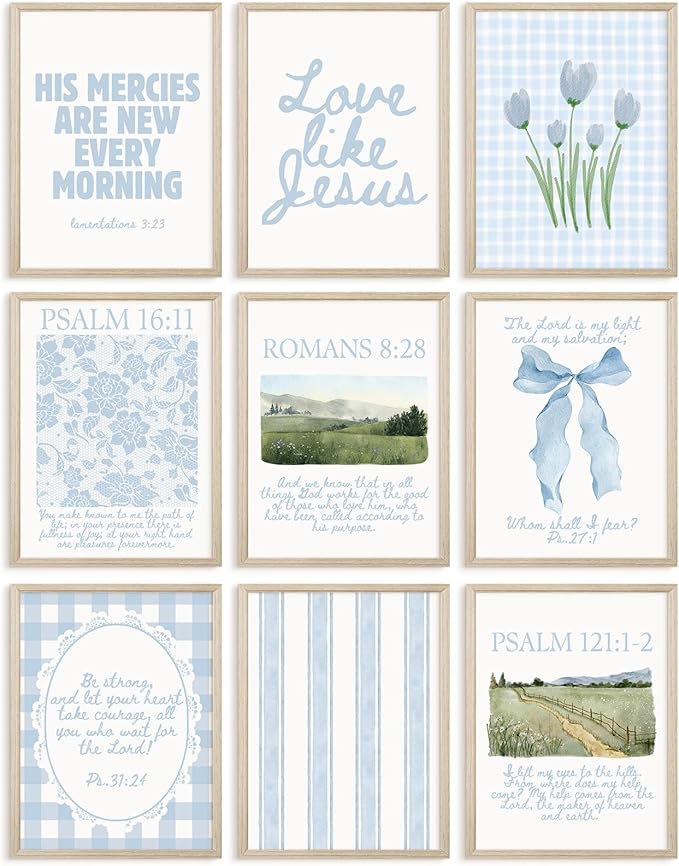 Light Blue Christian Wall Art Coquette Bible Verse Canvas Wall Decor Preppy Trendy Floral Poster Aesthetic Christian Bow Picture Religious Scripture Prints for Girls Dorm Bedroom 12x16x9 Inch Framed