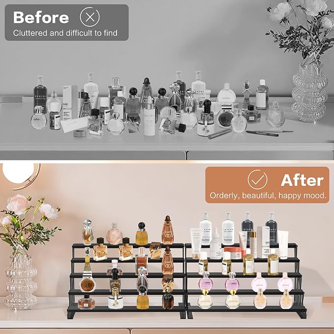KALYLOC 5 Tier Wooden Display Riser Stand 13.8 Inch Metal Step Perfume Stand Organizer Tabletop Tiered Display Shelf Rack for Cologne Cupcake Spice Figures Cosmetics Candles (Black, X-Shape)