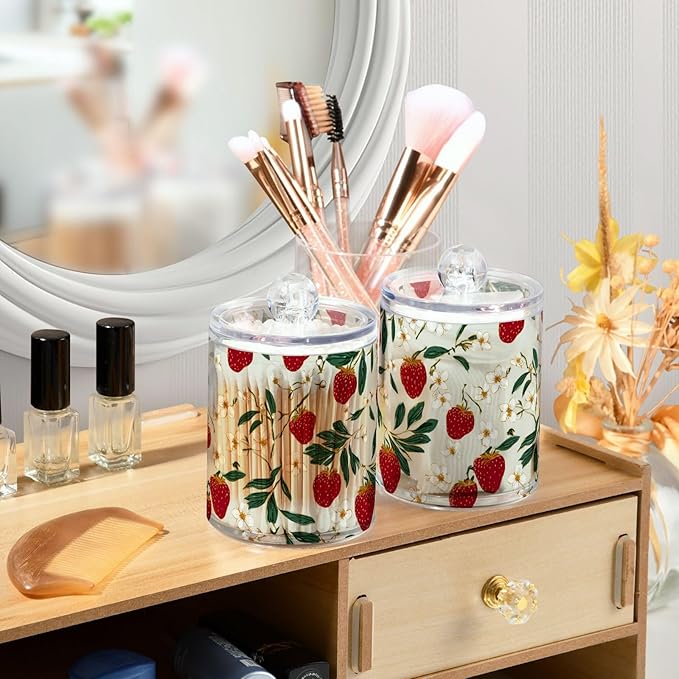 2 Pack Apothecary Jars Cheerful Strawberry Star Pattern Bathroom Vanity Storage Organizer Set,Small Clear Plastic Storage Jars Bathroom Canister for Cotton Swabs, Rounds, Balls, Qtips,Makeup Sp