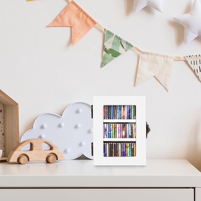 Anxiety Mini Bookshelf Mini Books with 60PCS Wooden Miniature Book Library for Stress Relief, Home and Office Decor, Unique Gift for Book Lovers - White