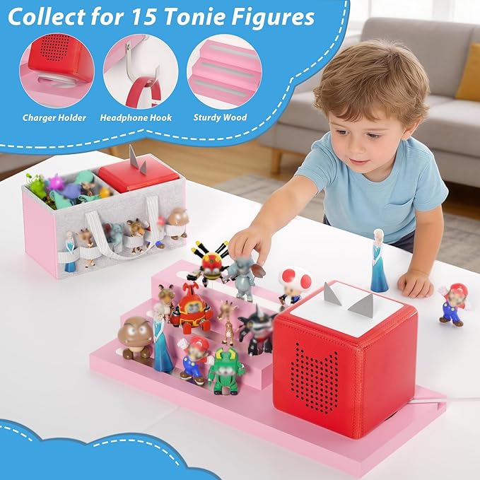 for Tonie Shelf Magnetic - Wooden Tonies Organizer with Carrying Bag, 3 Tiered Magnetic Display Shelf for Toniebox Holder, Wall Mount/Countertop Use Tonies Toy Storage for Kids Room/Playroom (Pink)