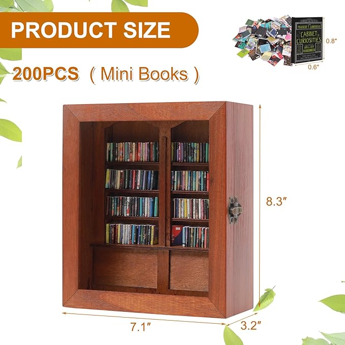 Anxiety Miniature Bookshelf with 200pcs Mini Books,Get rid of Your Anxiety Miniature Book Display Cabinet, Stress-Relief Bookshelf for Home Office Decor (Brown)