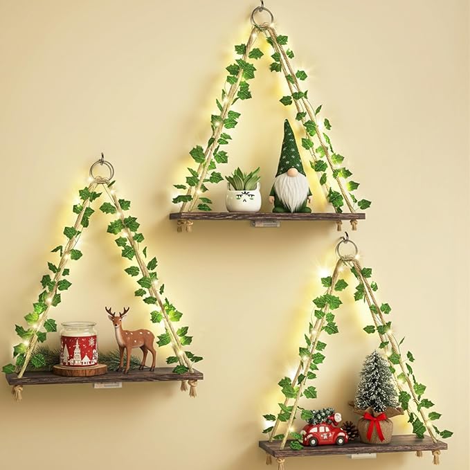 Fixwal Artificial Ivy LED-Strip Floating Shelves Set of 3, Macrame Hanging Shelves Plant Wall Decor, Rustic Boho Wood Wall Storage Shelves for Bedroom, Living Room, Bathroom Decor (Dark Brown)