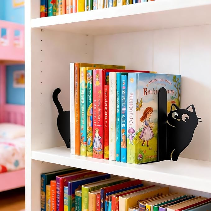 BEISE Book Ends Gifts for Cat Lovers, Decorative Metal Cat Bookends for Bookshelf & Desk, Cute Black Kittens CD Book Holder, Kitchen Organizer for Shelf, Home Office Decor, Unique Book Lover Gift