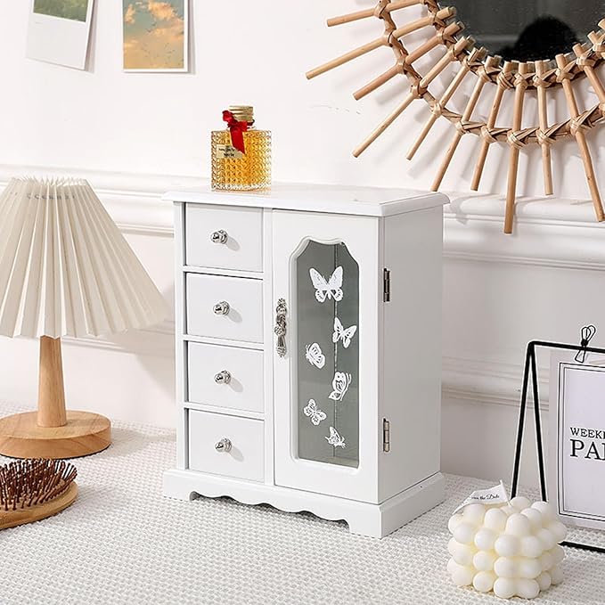 Wooden Jewelry Box, Solid Jewelry Organizer Makeup and Organizer Women Ring Storage with 4 Drawers, Wood Jewelry Case with Mirror for Necklaces Earring Rings, White