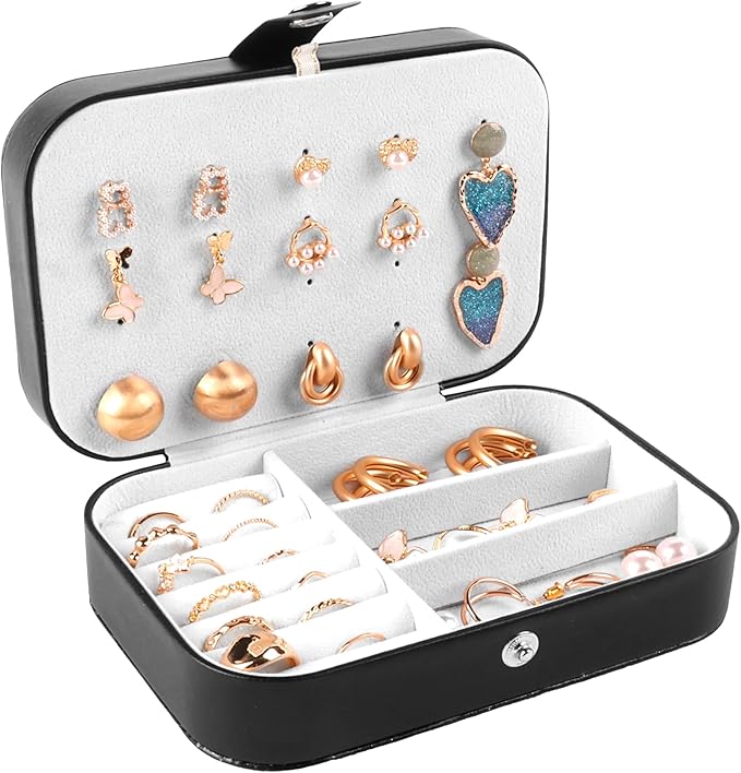 OceeK Travel Jewelry Box,Travel Jewelry Case for Girls Women Mothers, Travel Jewelry Organizer Case, PU Leather Black,1 Pack