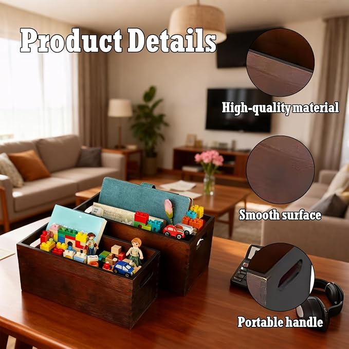 2 Pcs Wooden Nesting Crates with Handle, Rustic Decorative Stackable Cube Wooden Storage Boxes, Farmhouse Brown Natural Solid Wood Crate Box 2 Size for Party Home Table Decoration Display