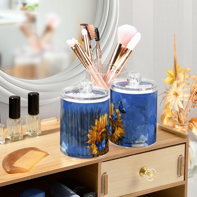 2 Pack Apothecary Jars Yellow Sunflower and Butterfly Bathroom Vanity Storage Organizer Set,Small Clear Plastic Storage Jars Bathroom Canister for Cotton Swabs, Rounds, Balls, Qtips,Makeup Spon