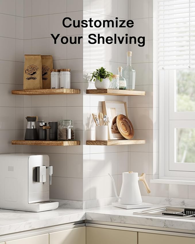 AMADA HOMEFURNISHING Floating Shelves, Paulownia Wood Wall Shelves for Living Room/Bedroom/Kitchen/Home Office, Wood Floating Shelf for Home Storage & Organization Set of 4 15.75" L x 5.91" W x 0.98"H