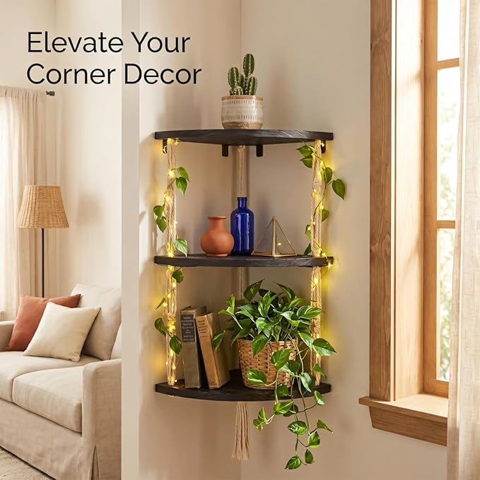 REFGY 3-Tier Corner Floating Shelves with Aesthetic Greenery & Fairy Lights - Premium Wood-Textured Boho Wall Hanging Shelf - Stable L-Bracket Support for Home Decor, Office & Small Spaces
