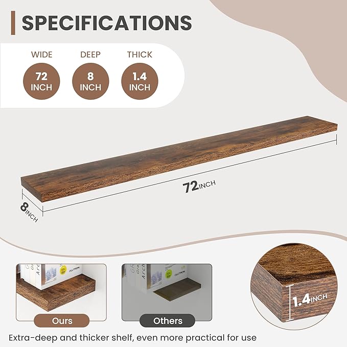 Acovy 72 Inch Floating Shelves, 8 Inch Deep Floating Shelves for Wall, Hanging Shelf with Invisible Brackets, Deep Shelves for Bathroom, Bedroom, Living Room, Brown, Set of 2