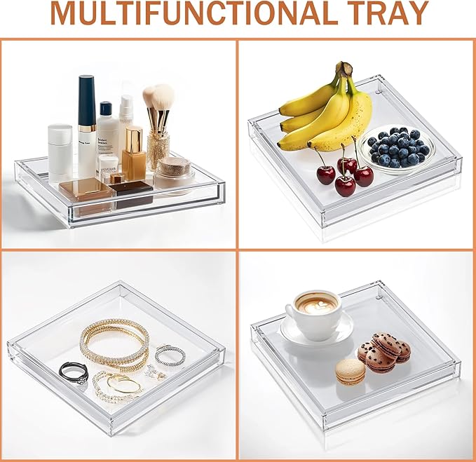Clear Acrylic Tray - 10"x10" Multipurpose Square Decorative Tray for Perfume Display & Serving, Bathroom Sink Vanity Organizer Tray for Bathroom, Vanity, Coffee Table, Living Room Decor