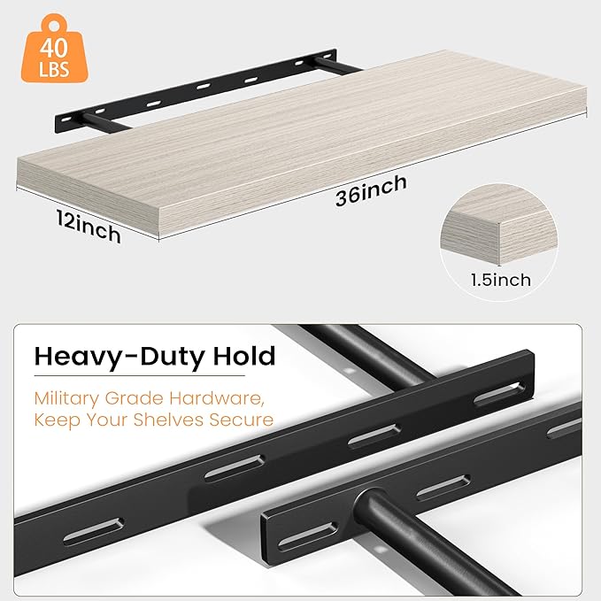 36 Inch Floating Shelves for Wall, 12 Inch Deep Shelves for Bedroom, Kitchen, Bathroom Wall Mounted, Rustic Wood Floating Shelf with Invisible Brackets for Books, Storage, Decor, Gray, 2 Pack