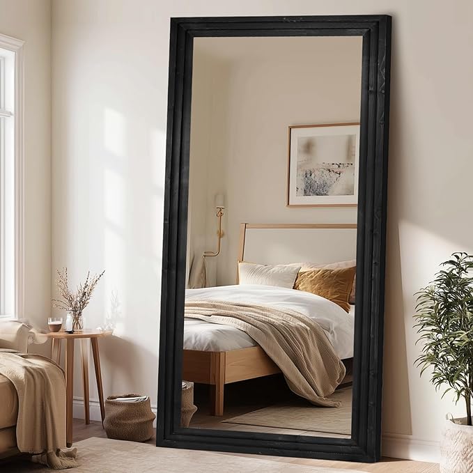Full Length Wood Mirror 76x34 - Rustic Solid Wood Floor Mirror with Triple Layer Frame, HD Tempered Glass, Wall Mounted or Leaning Standing Mirror Vintage Black Mirror for Bedroom Bathroom Living Room