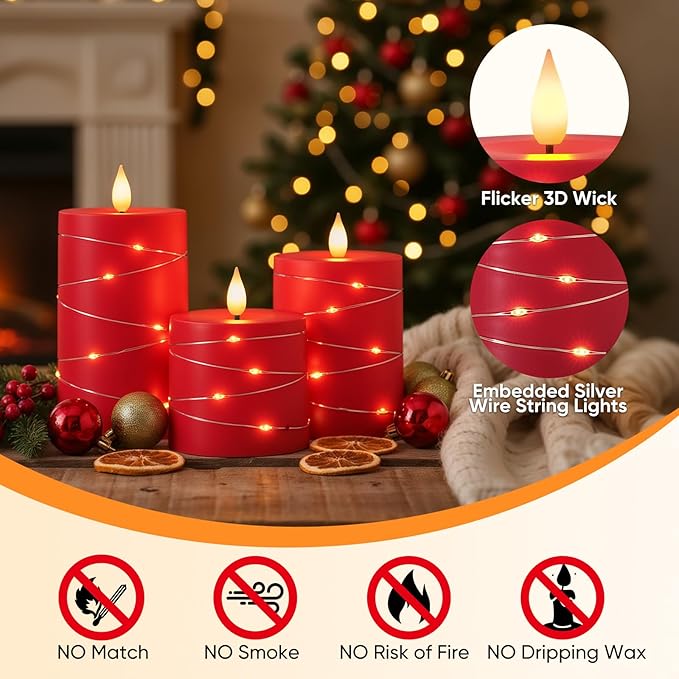 Raycare Flameless Candles with Remote Timer, Flickering Battery Operated LED Pillar Fake Candle with String Lights for Home Decor, Christmas, Wedding and Gift, Red, Set of 3
