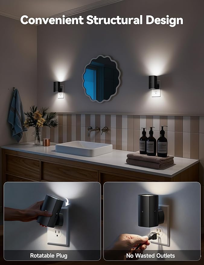 Brightown 2 Pack Black Night Lights Plug into Wall, Modern Night Light with Rotating Plug, Dusk to Dawn Sensor, 0-100LM Stepless Dimming Aora Night Light for Hallway Bedroom Bathroom, Pure White