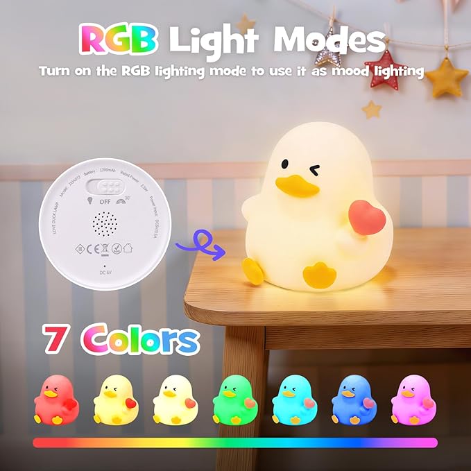 Duck Night Light Squishy Silicone Nursery Breastfeeding Nightlight with Timer 3-Level Warm White & RGB Color Modes Cute Duck Lamp Rechargeable Touch Bedside Desk Animal Lamp for Bedroom Dorm Decor