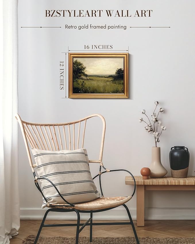 Bzstyleart Vintage Wall Art Decor for Living Room, Gold Framed Canvas Wall Art Home Decor Aesthetic, Grassland Vintage Landscape Prints, Canvas Picture Print Artwork, 12 x 16 Inch