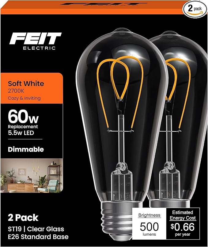 Feit Electric ST19 LED Vintage Light Bulb, 60W Equivalent, Dimmable, 2700K Soft White, 90+ CRI, Decorative Glass Filament, E26 Base, Indoor Use, 17,000-Hour Lifetime, ST1960M2/927CAFIL/2, 2 Pack