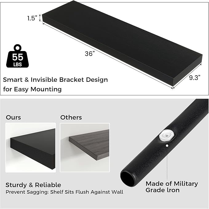 Venusmiles Floating Shelves for Wall, Engineered Wood Wall Shelves with Invisible Brackets for Living Room Bedroom Bathroom Office Kitchen Decor and Storage (Black, 36" W x 9" D x 1.5" H) Set of 2