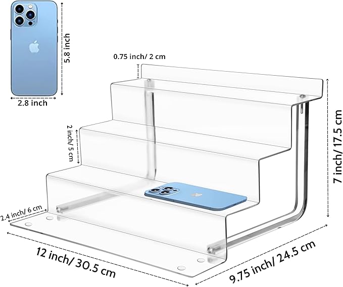 AMT Acrylic Riser Display Stand, 100% Acrylic Clear 4-Tier Organizer for Figures, Cupcake, Perfume, Sunglasses (12 inch x 2.4 inch) 1-pack