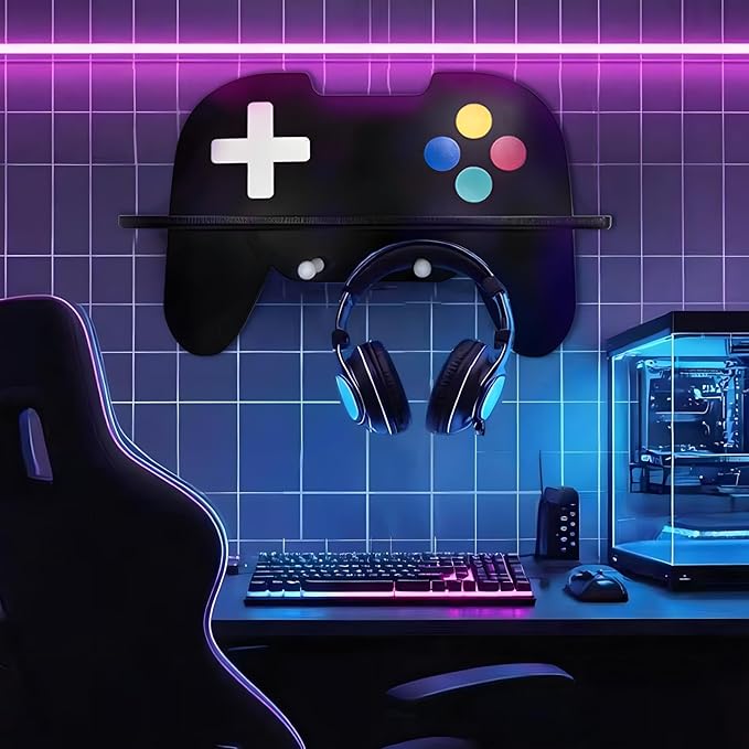 Game Room Decor Gaming Floating Shelf for Wall - Retro Controller Shaped Wooden Display Rack with Hooks for Controllers and Headphones, Black, Gaming Room Organizer for Boys and Teens