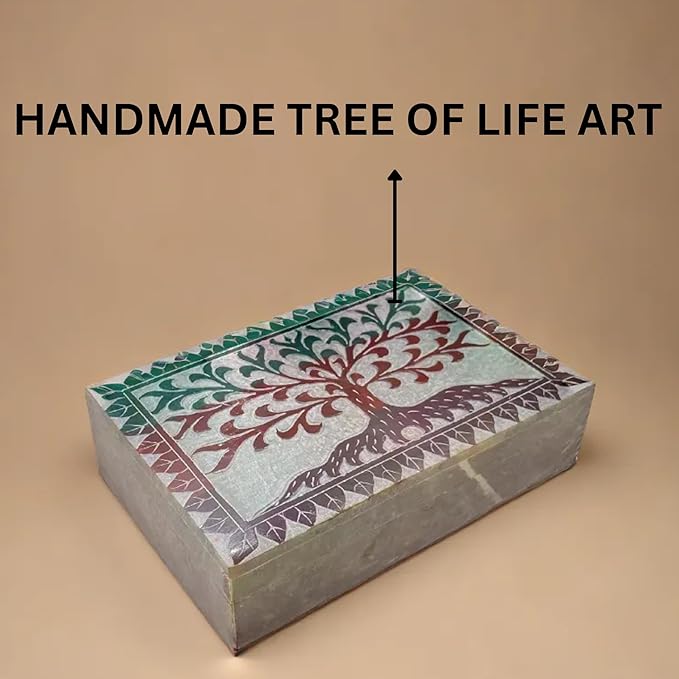 Hand Carved Marble Soapstone Square Shape Jewellery Box | Storage Organizer | Decorative Trinket Ornament Holder. (Multicolor, Length 6 Inch x Width 4 Inch x Height 1.75 Inch)